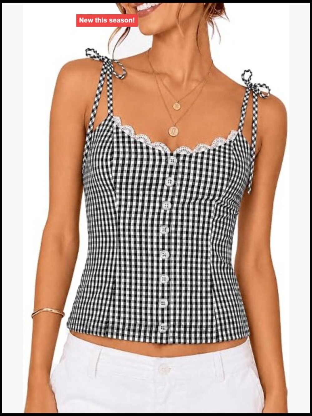 Womens Gingham Tie Strap Cami Top Lace Trim Button Front Crop Tank
